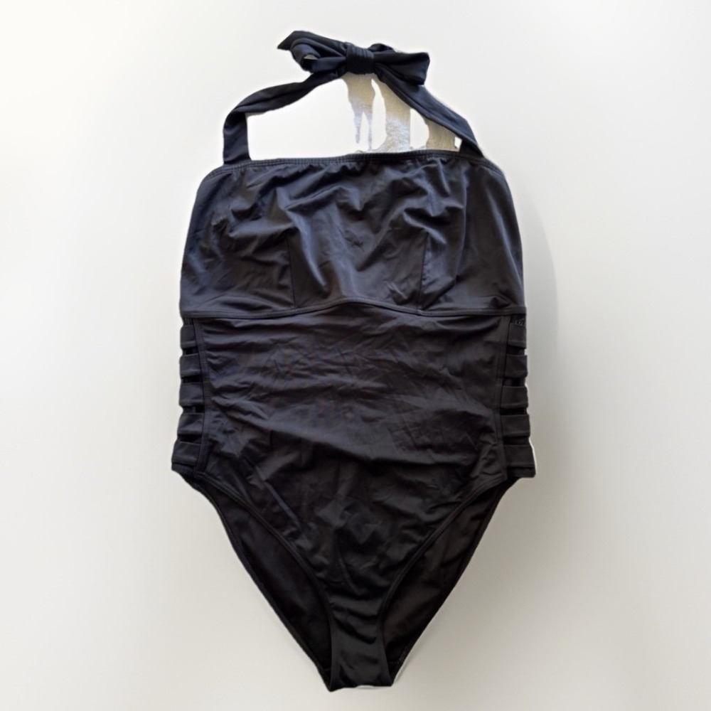 ASOS One Piece Swimsuit Womens 18 Black Halter Side Cutout Mesh Strappy Swimwear